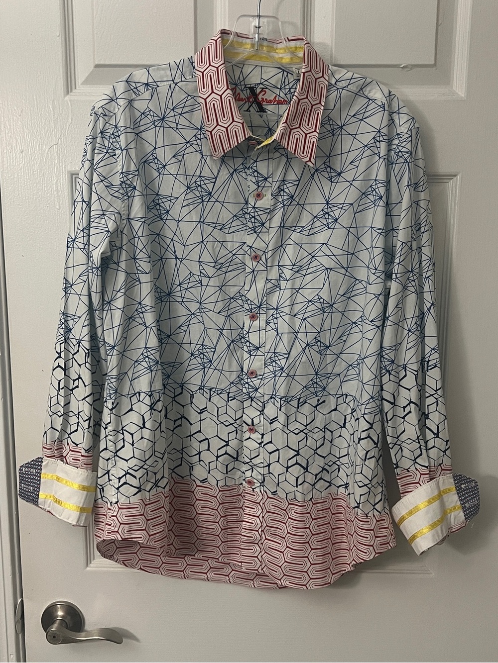 Robert Graham Button Down Shirt Flip Cuff Size Large Geometric Red White Blue